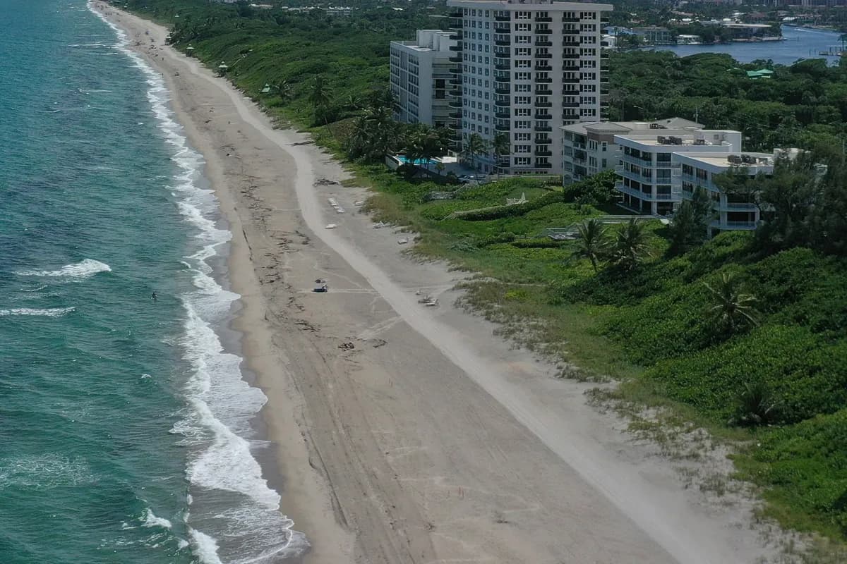 Aerial view of a quiet stretch of beach, with a dune line and dense coastal hammock between the sand and low-rise condominium buildings