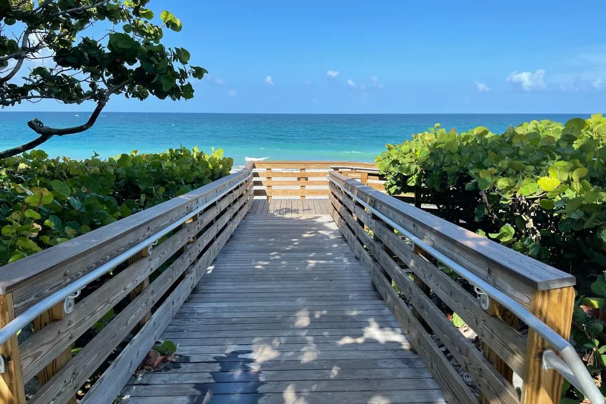 A wooden dune crossover with handrails leading through sea grape to a turquoise ocean under a blue sky