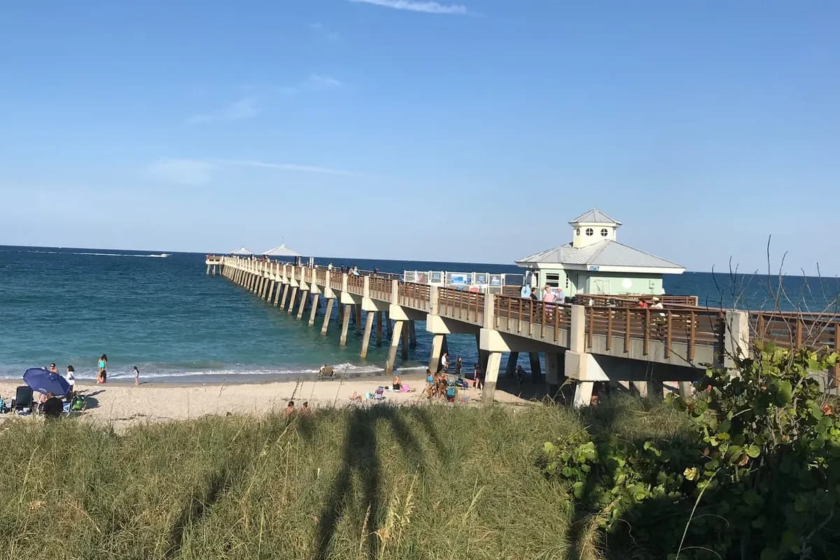 The Juno Beach Pier and its pier house reaching over the Atlantic, seen from the dune with sea oats in the foreground and beachgoers on the sand below
