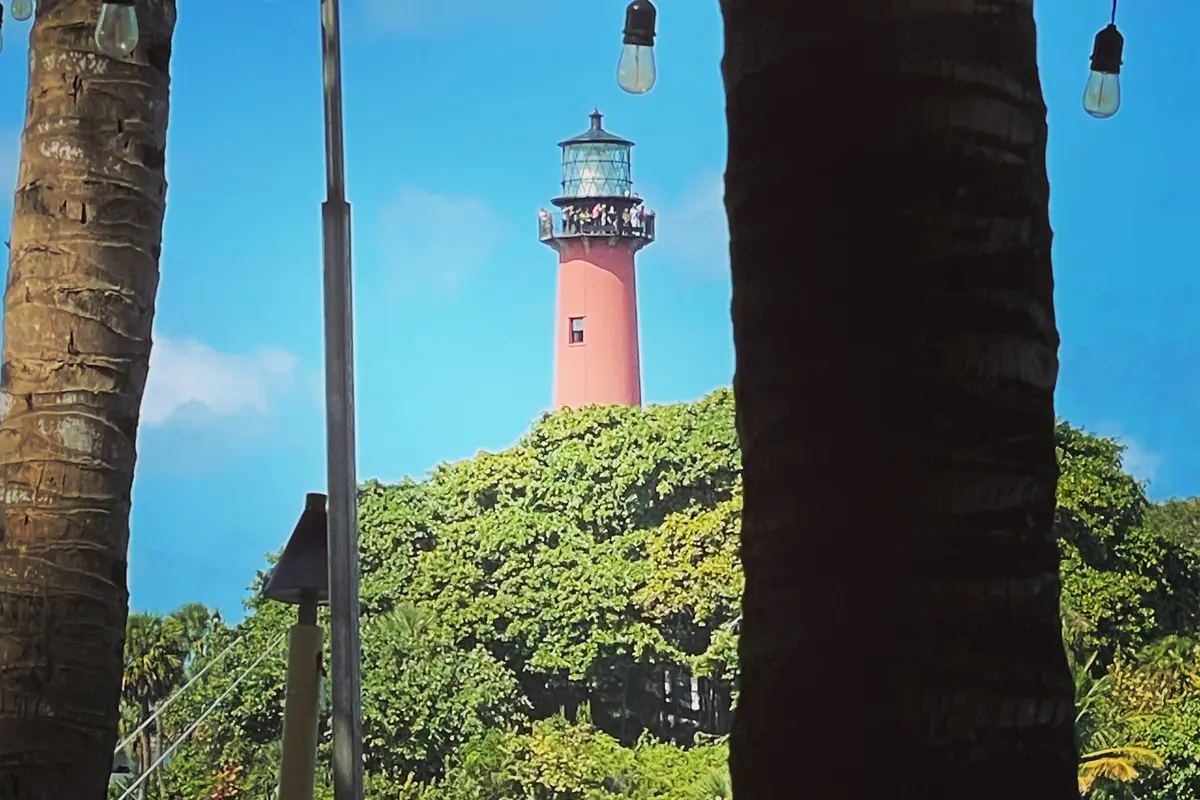 The red Jupiter Inlet Lighthouse above its wooded point, seen from a waterfront deck across the inlet between two palm trunks, with a string of cafe lights overhead