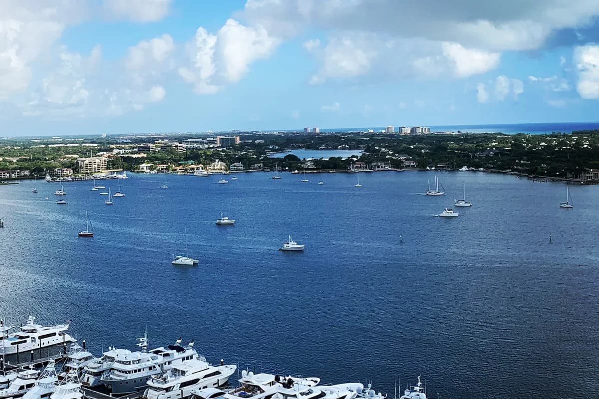 Sailboats at anchor on a wide waterway with a distant tree line and coastline