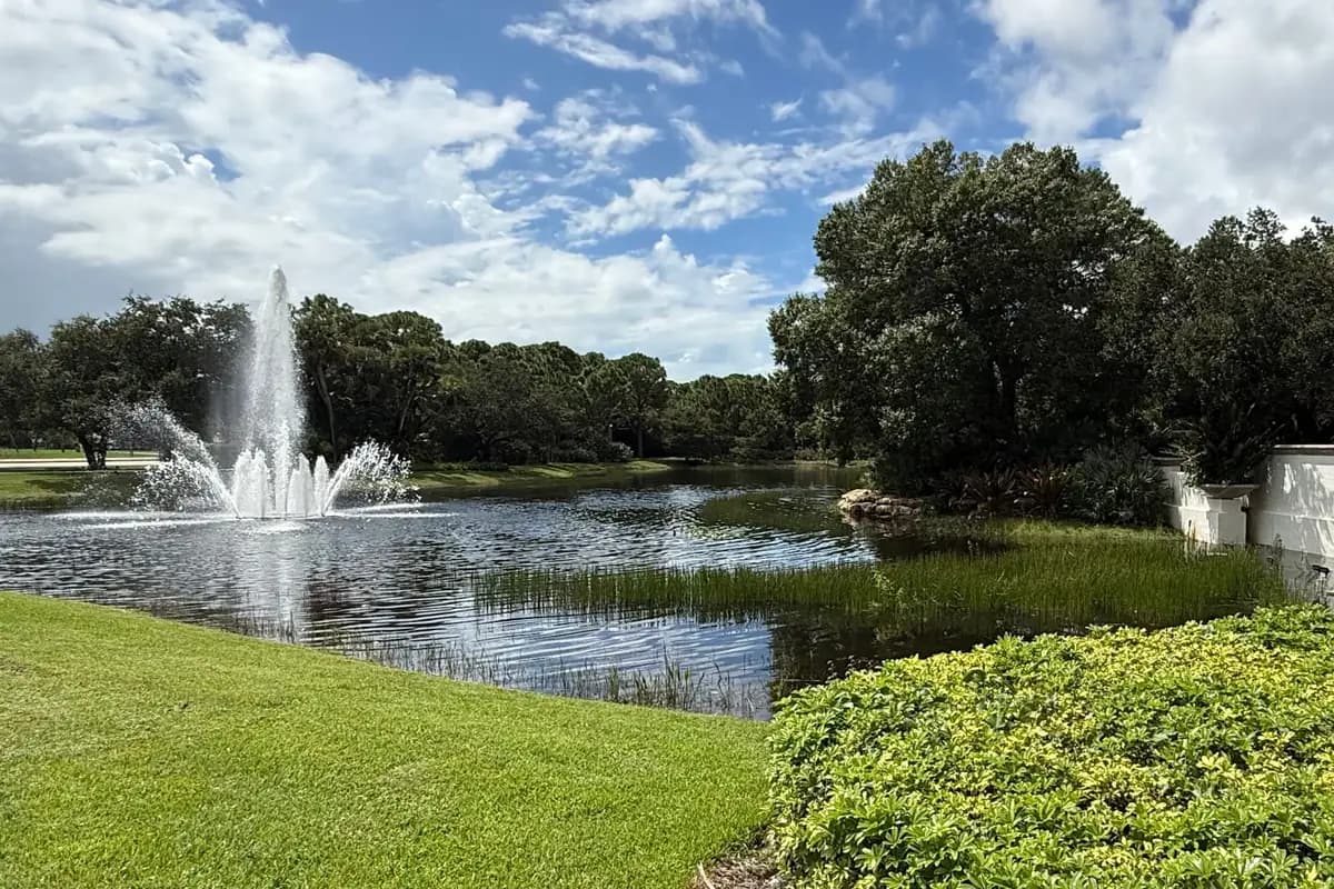 A jet fountain in a lake with marsh grass along the far bank, live oaks and cabbage palms behind it and a mown lawn in the foreground, under a blue sky with scattered clouds, at Mirasol in Palm Beach Gardens