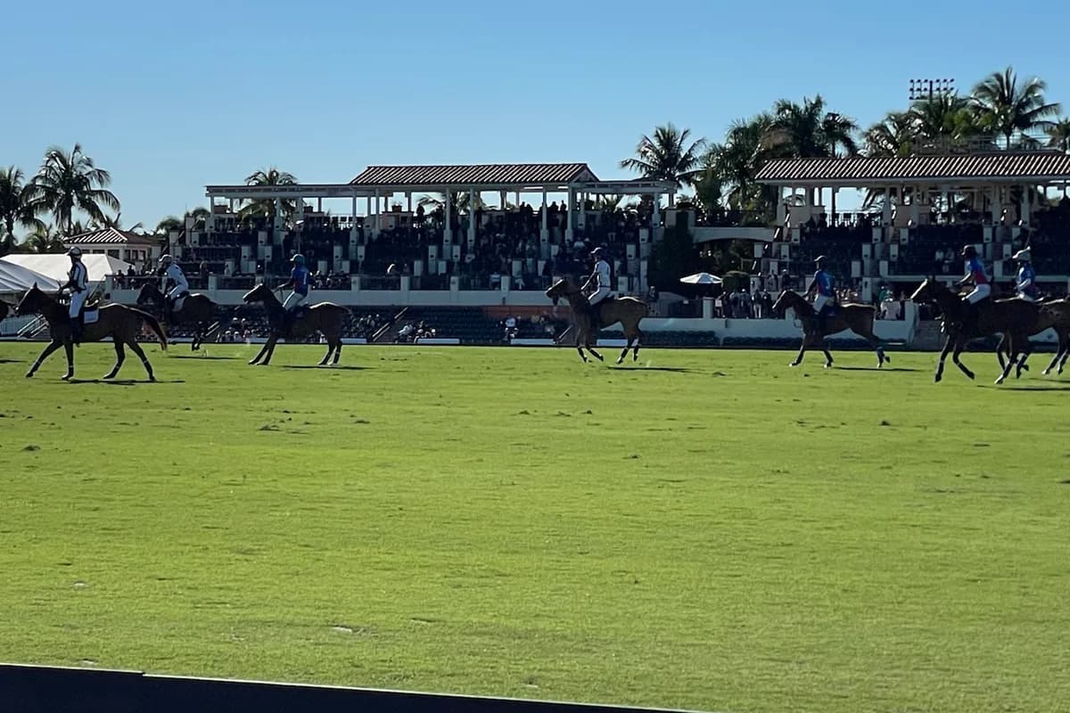 A wide polo field with riders and horses at the far side under a blue sky, with a covered grandstand and palm trees