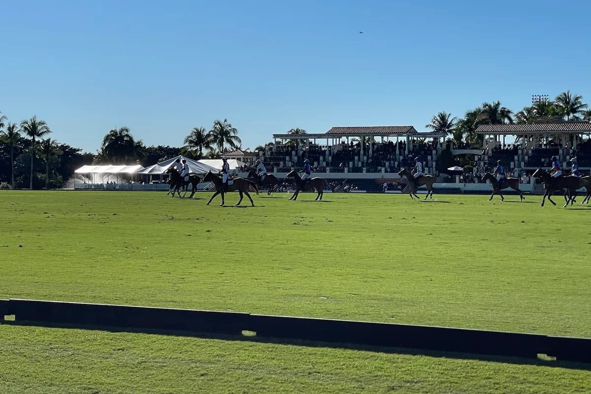 Riders on horseback crossing a grass polo field in front of a covered grandstand with palm trees under a clear blue sky during a winter match