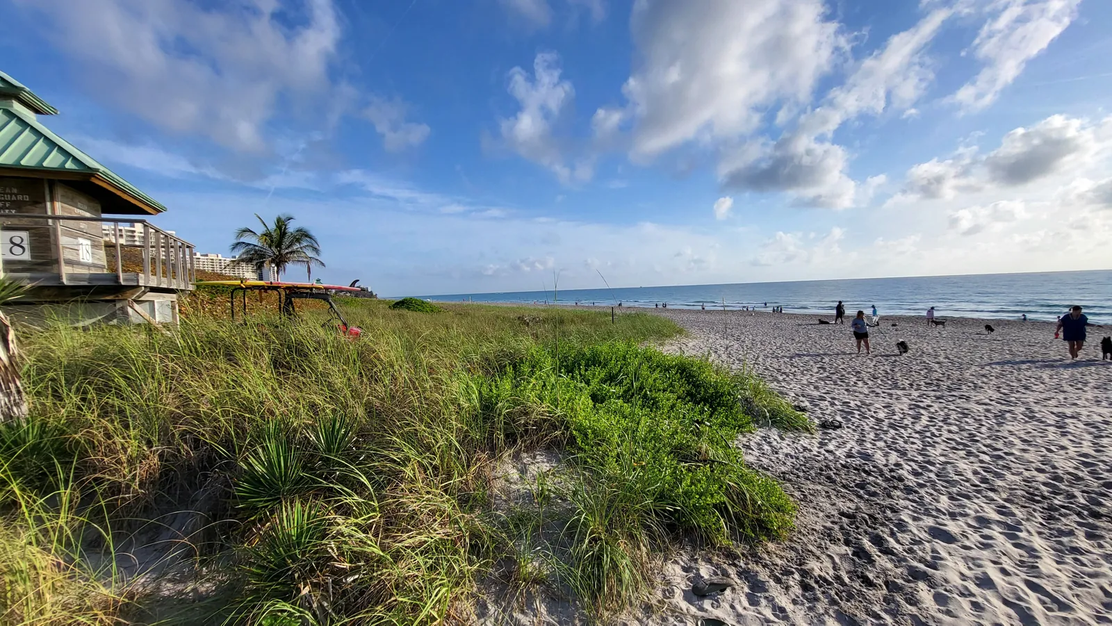 Public beach with lifeguard tower and dune vegetation under dramatic sky