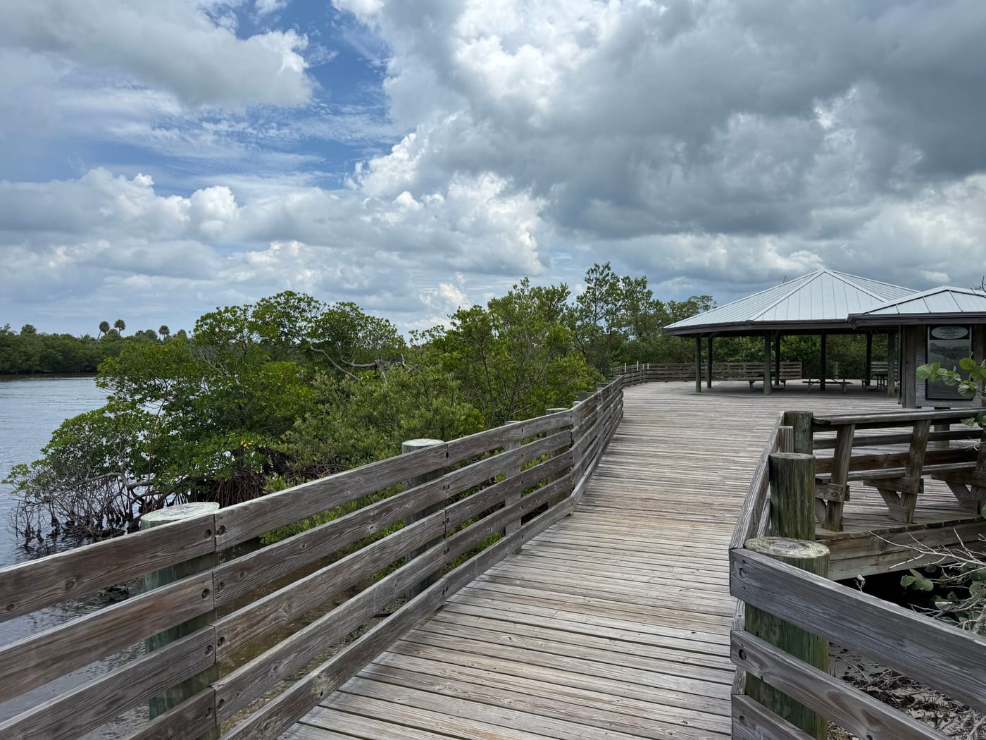 A wooden boardwalk curving past mangroves toward covered pavilions at Peck Lake Park