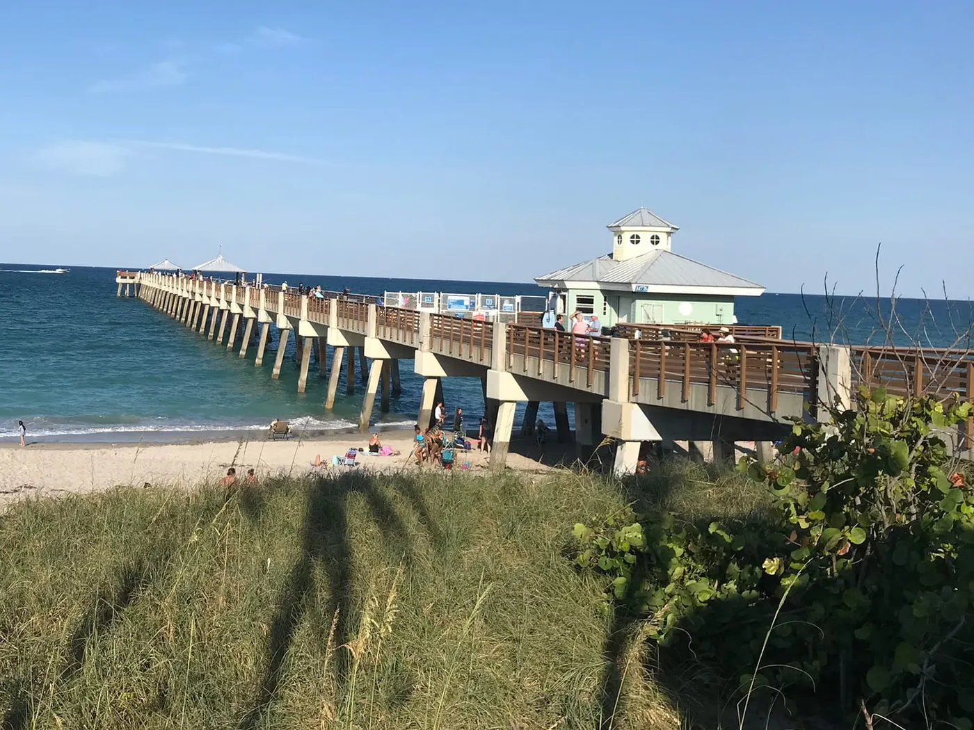 The Juno Beach Pier and its mint-green pier house over the Atlantic, with beachgoers on the sand and dune grass in the foreground