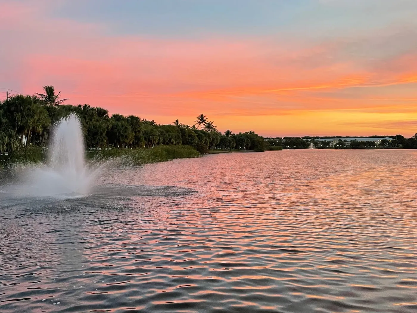 A fountain sprays in Pelican Lake under a pink and orange sunset, with palms along the shore