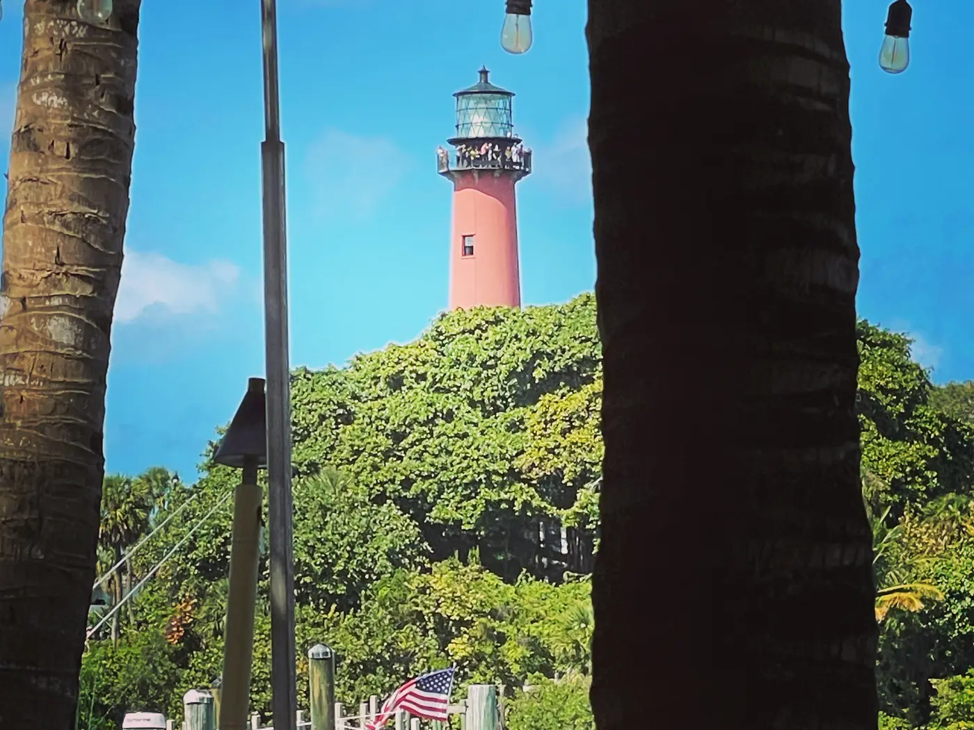 The red Jupiter Inlet Lighthouse above a wooded point, framed by two palm trunks and a string of cafe lights, with boats tied up at a dock below
