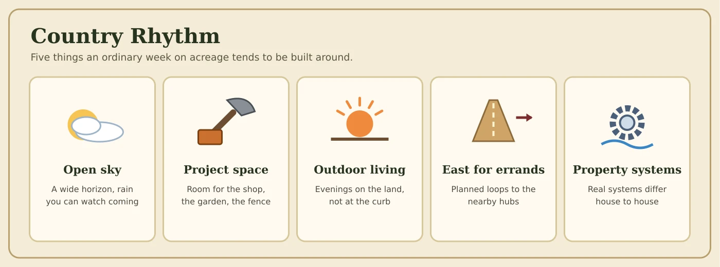 Five parts of a country week: open sky, project space, outdoor living, errands east, and the property's own systems