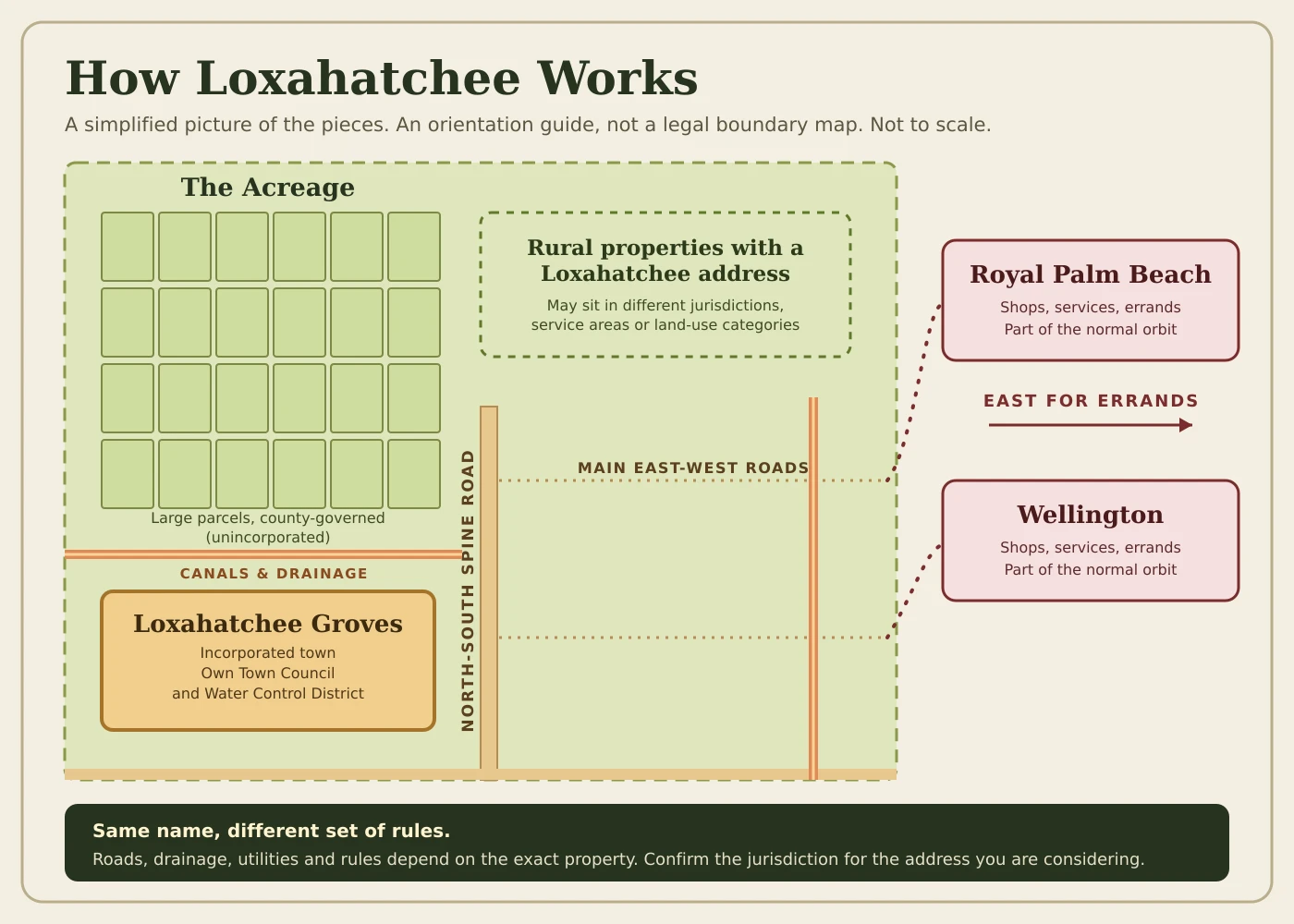 A simplified orientation guide showing The Acreage, the Town of Loxahatchee Groves, rural properties with a Loxahatchee address, the main roads, canals and the eastern service hubs