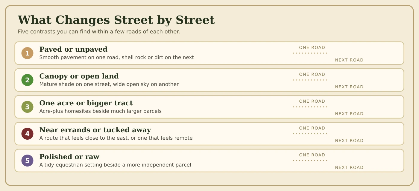 Five contrasts found within a few roads of each other: paved or unpaved, canopy or open land, one acre or a bigger tract, near errands or tucked away, polished or raw