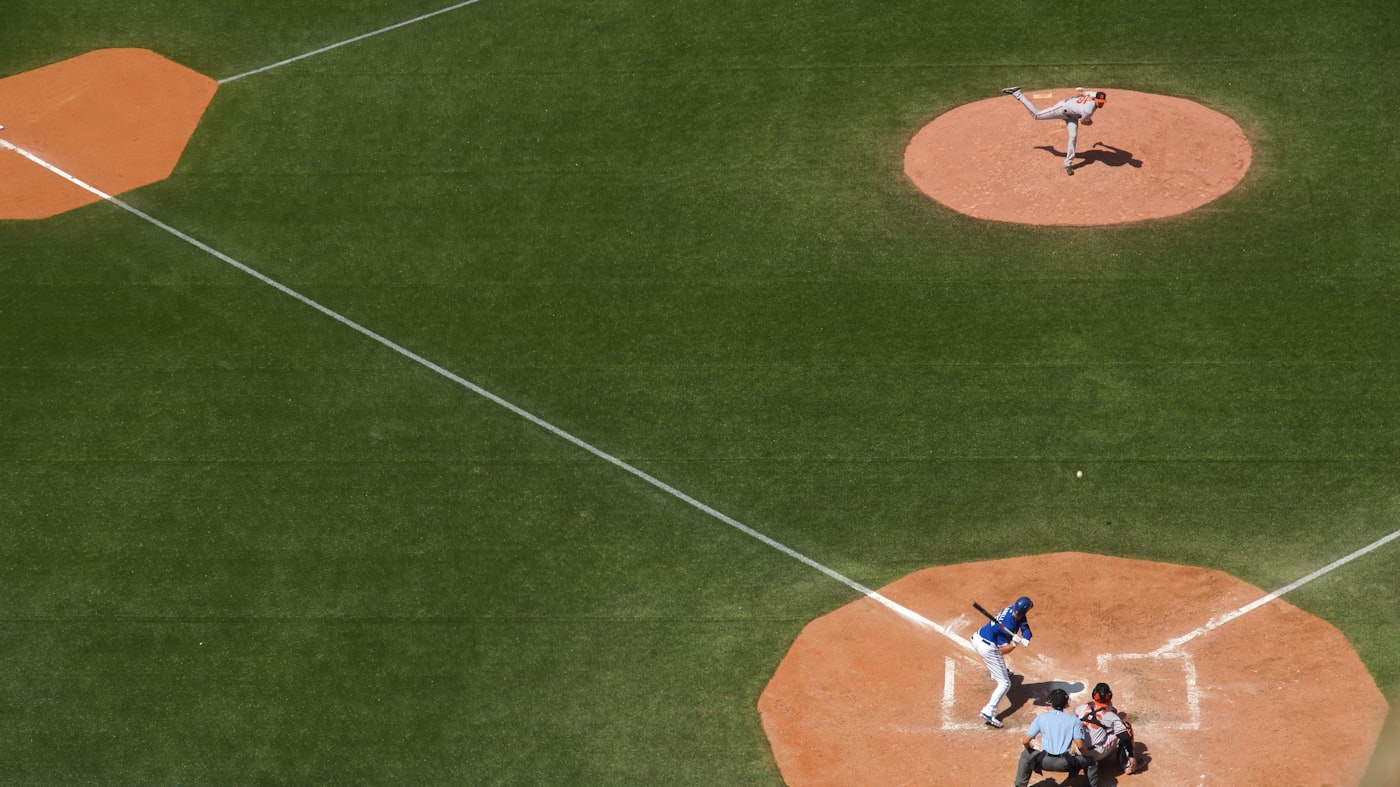 Overhead view of a baseball diamond during play