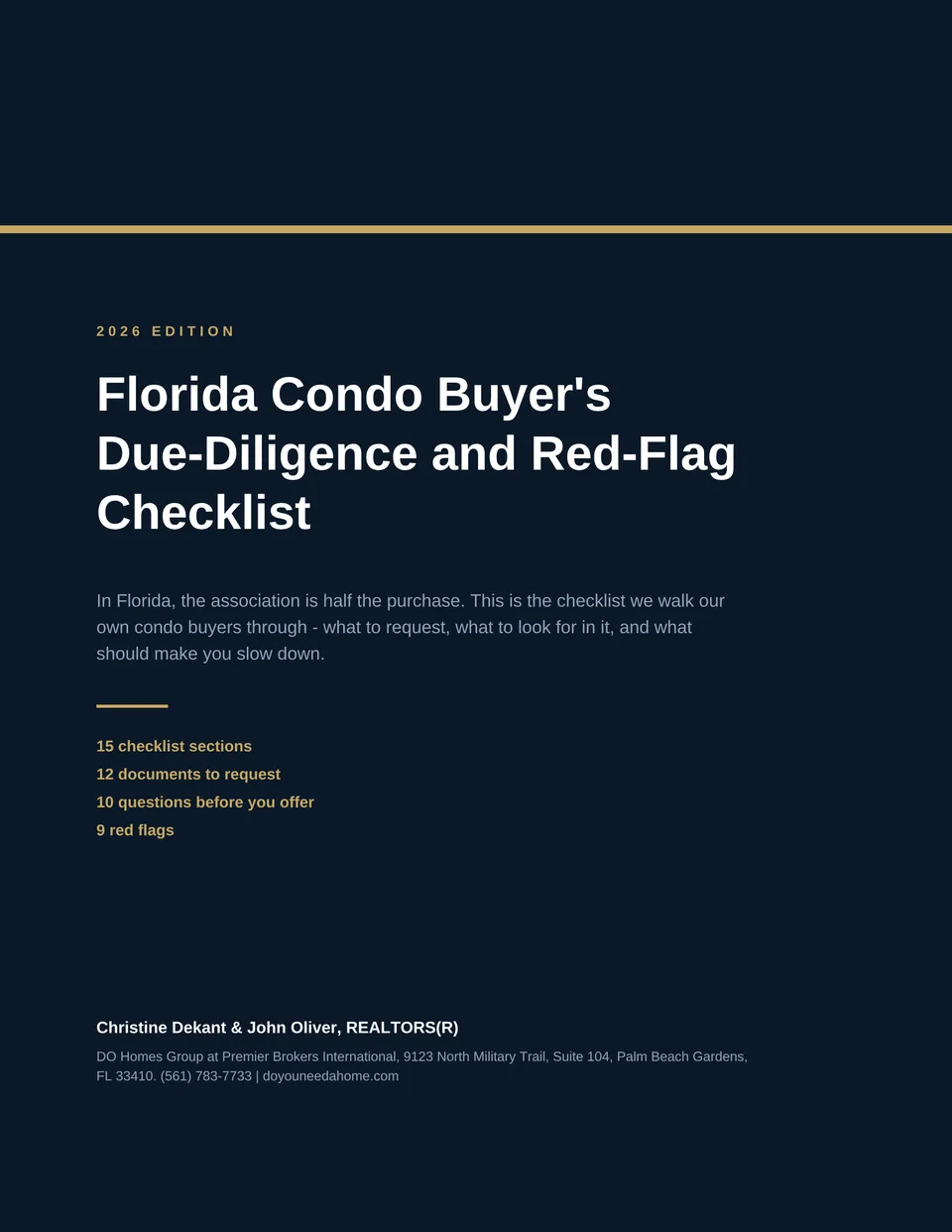Cover of the Florida Condo Buyer’s Due-Diligence and Red-Flag Checklist, 2026 Edition, prepared by Christine Dekant and John Oliver of DO Homes Group