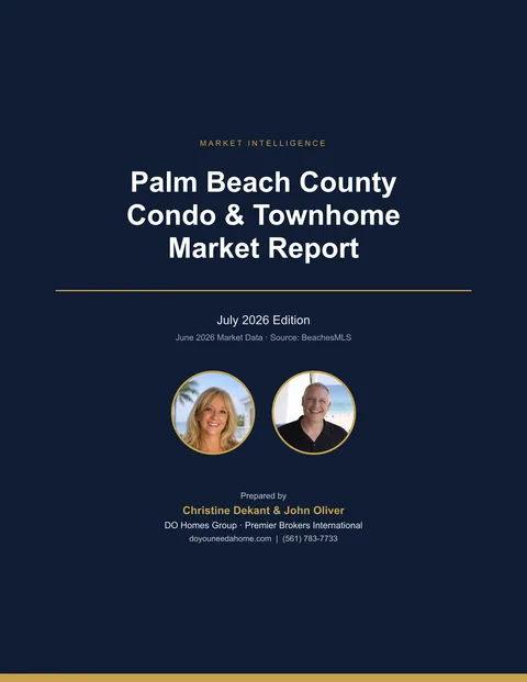 Cover of the Palm Beach County Condo & Townhome Market Report, July 2026 Edition, prepared by Christine Dekant and John Oliver of DO Homes Group