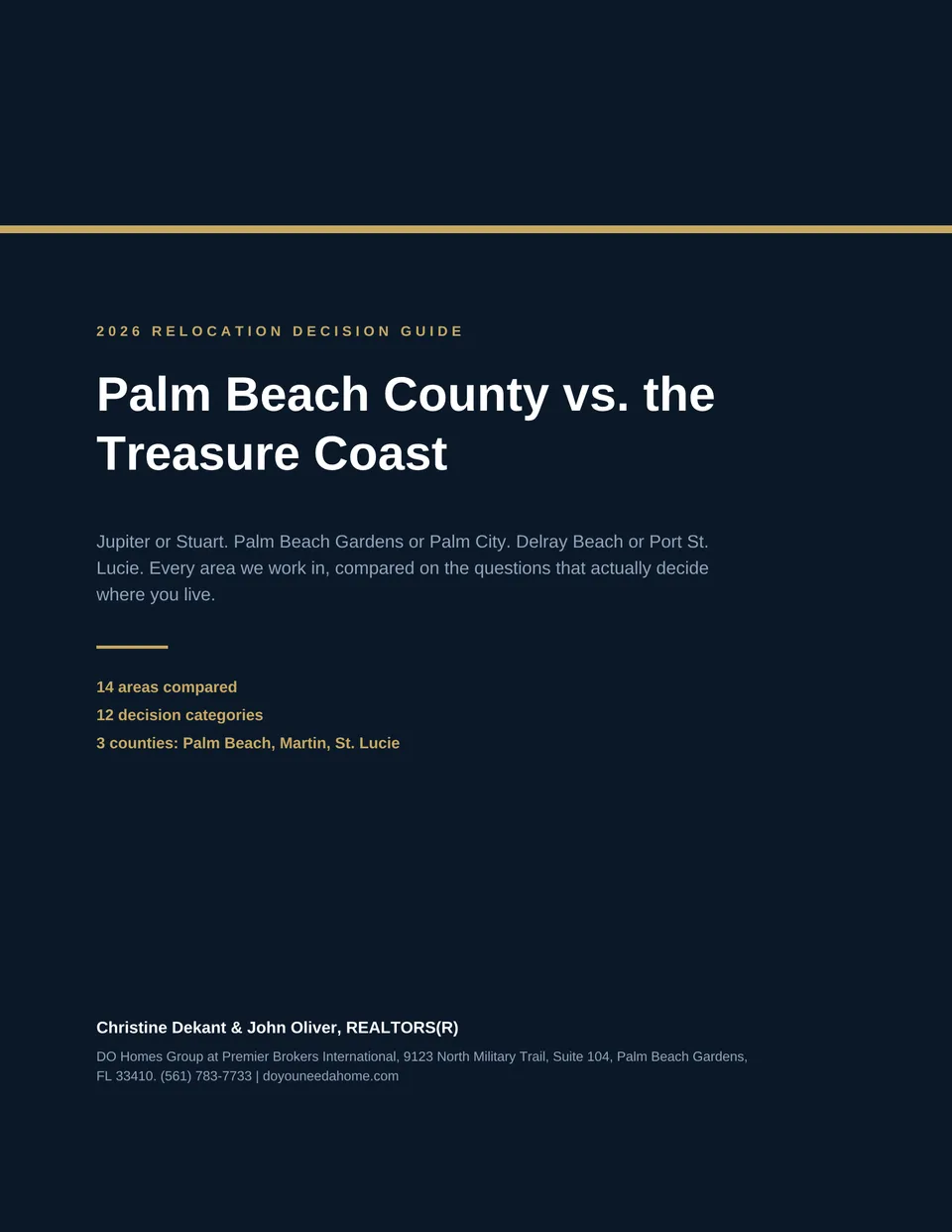 Cover of the Palm Beach County vs. the Treasure Coast 2026 Relocation Decision Guide, prepared by Christine Dekant and John Oliver of DO Homes Group