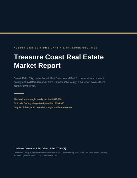 Cover of the Treasure Coast Real Estate Market Report covering Martin and St. Lucie counties, prepared by Christine Dekant and John Oliver of DO Homes Group