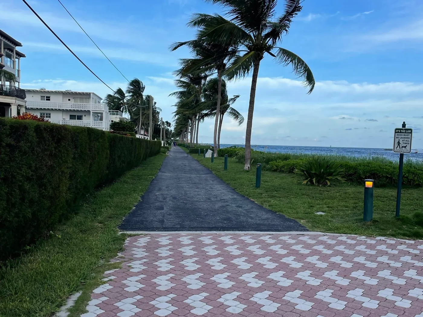 A paved waterfront path lined with palms and low-rise buildings in Palm Beach Shores, with open water to the right