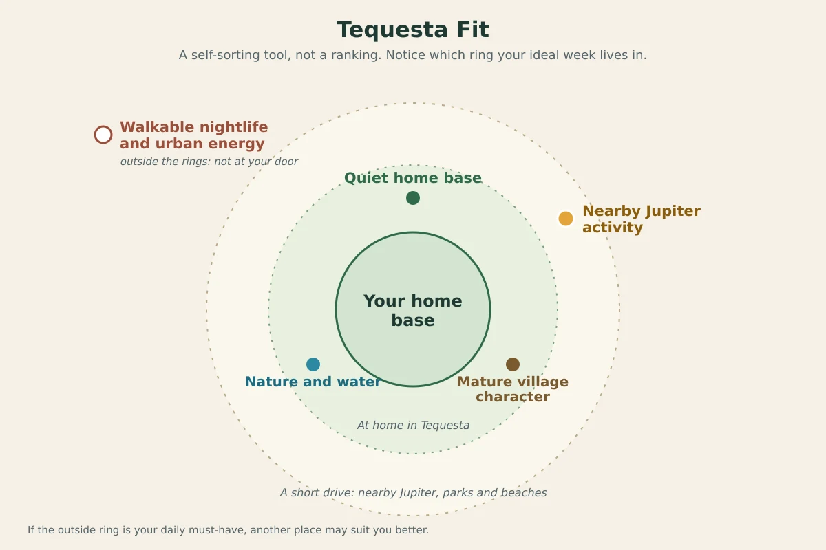 A self-sorting graphic titled Tequesta Fit, with a quiet home base at the center, nature and water and mature village character around it, nearby Jupiter activity in an outer ring, and walkable nightlife and urban energy outside the rings