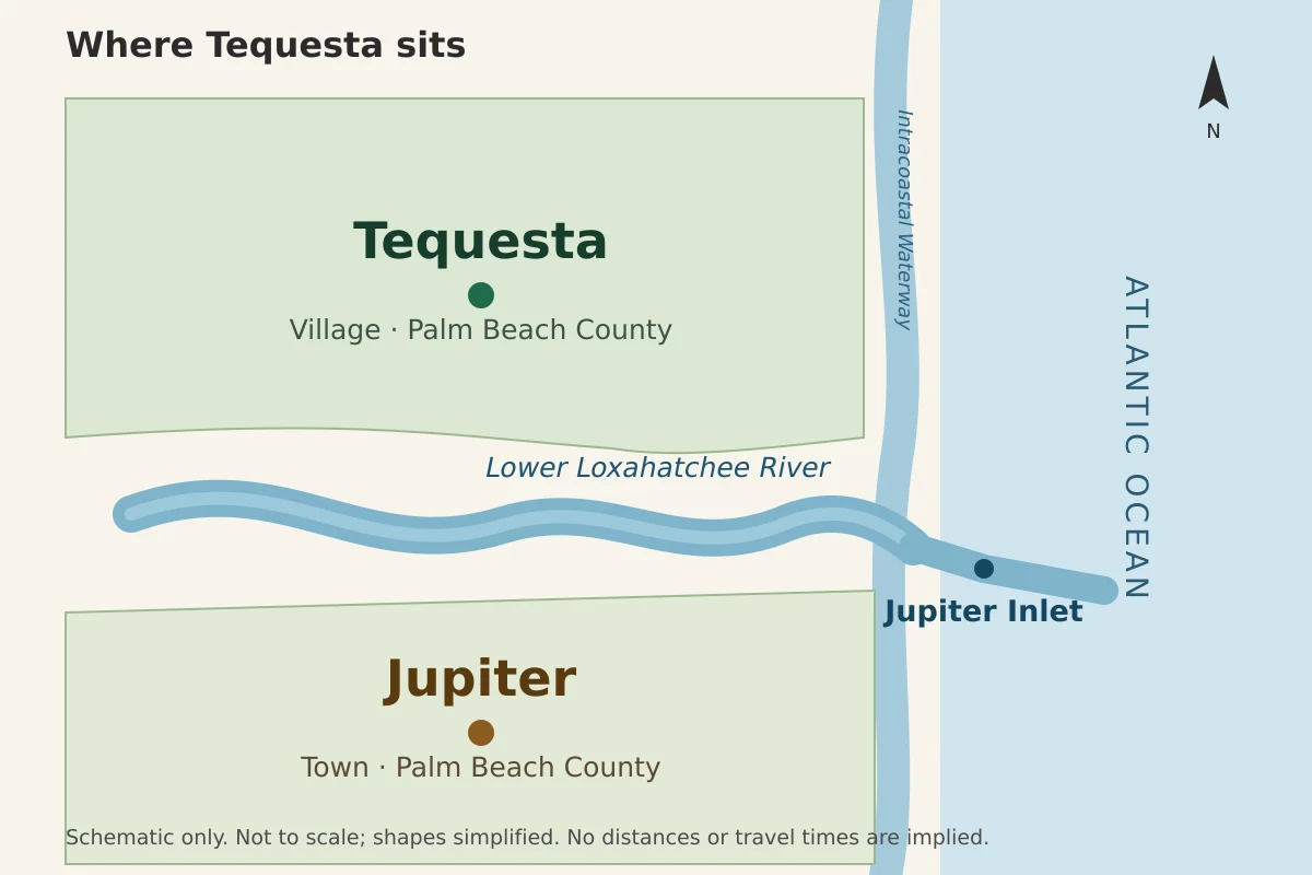 A simple schematic showing Tequesta north of the lower Loxahatchee River, Jupiter to the south, and the Jupiter Inlet reaching the Atlantic