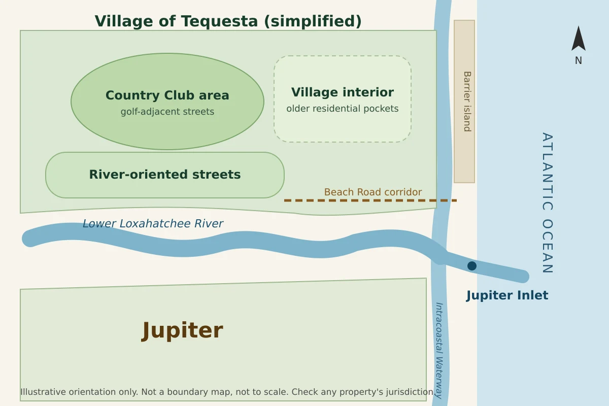 An illustrative map of Tequesta showing the Country Club area, river-oriented streets, the village interior, the Beach Road corridor, Jupiter, the lower Loxahatchee River and Jupiter Inlet