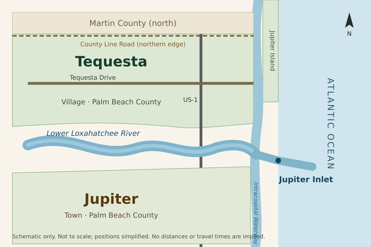 A simple schematic of Tequesta with Tequesta Drive, US-1, County Line Road, the lower Loxahatchee River, Jupiter, Jupiter Island and Jupiter Inlet