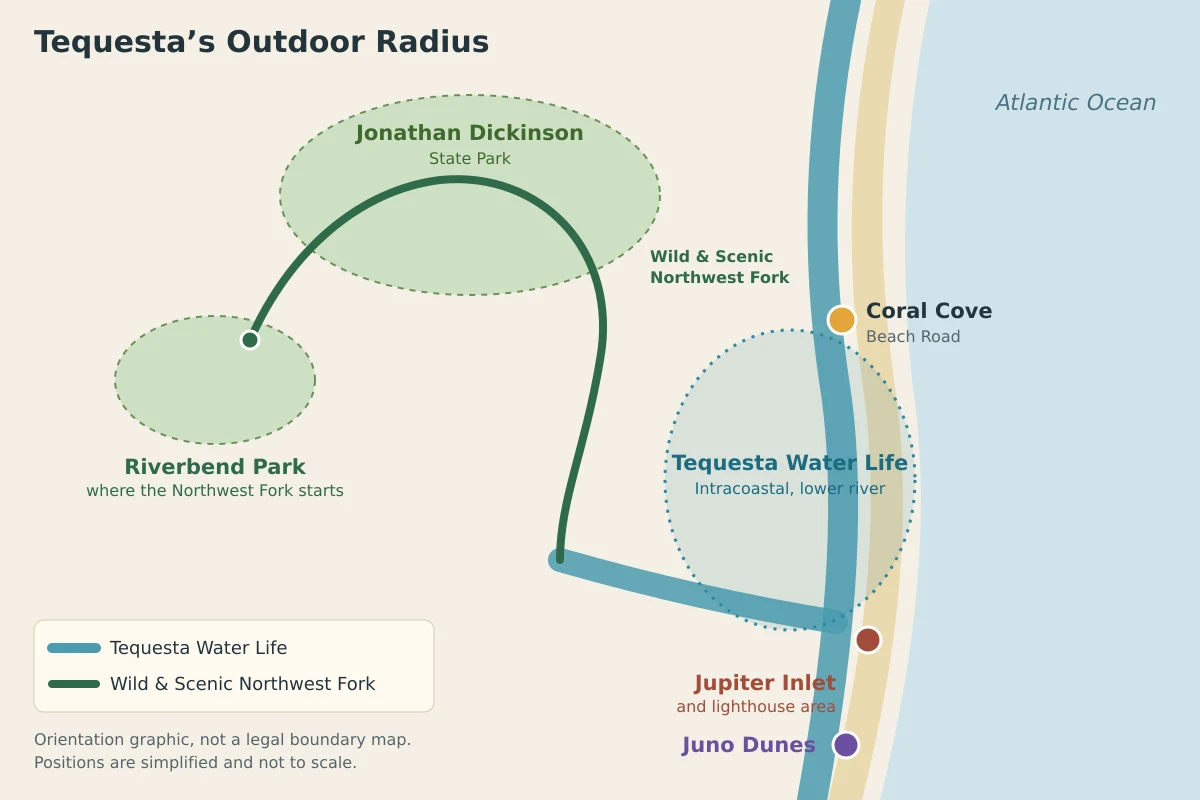 An orientation graphic titled Tequesta's Outdoor Radius, showing Tequesta Water Life along the Intracoastal and lower river, Coral Cove, Jupiter Inlet, Juno Dunes, Riverbend Park, Jonathan Dickinson State Park and the Wild and Scenic Northwest Fork
