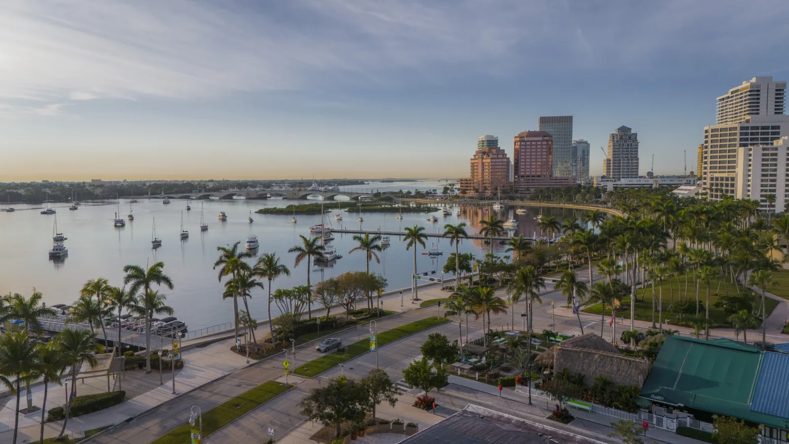 Elevated sunrise view of a waterfront downtown with marina, palm-lined promenade, and mid-rise towers